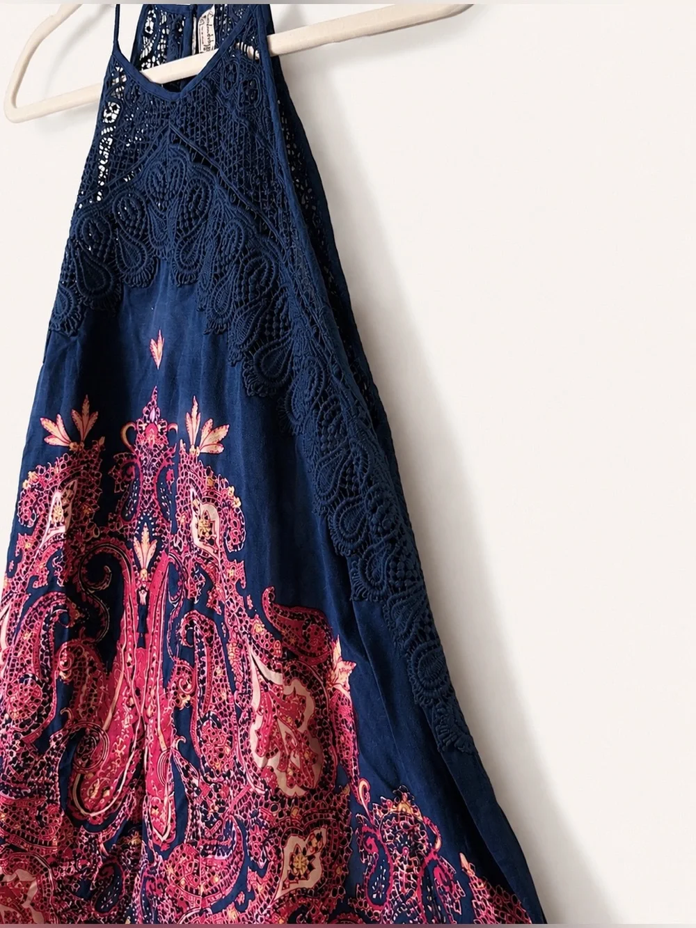 Free People Shea Halter Mini Dress Paisley Crochet Lace Navy Red‎ S Petite Boho - Picture 3 of 9
